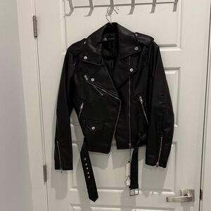 Zara Black Leather Moto Jacket with Silver Accents